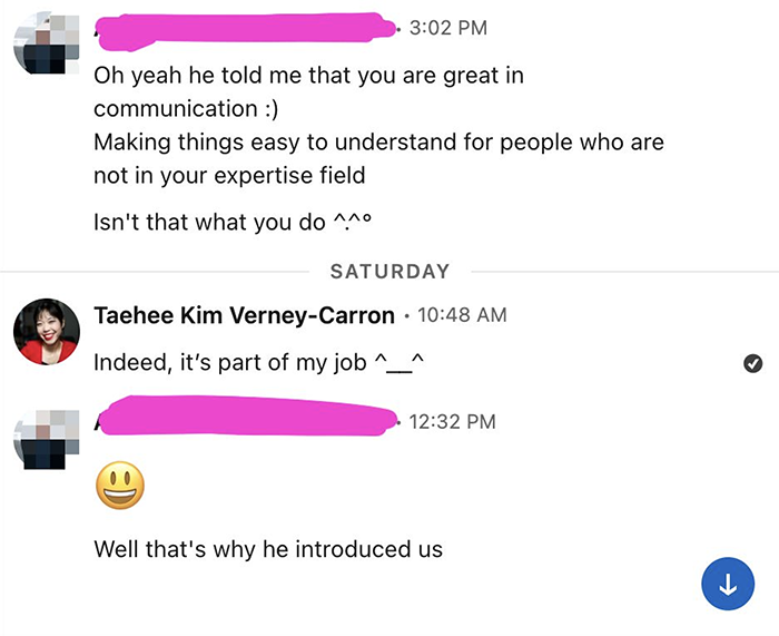 Screen capture of a Linkedin conversation